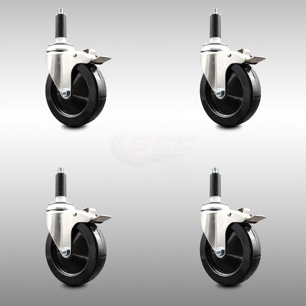 5 Inch 316SS Soft Rubber Swivel 7/8 Inch Expanding Stem Caster Set Lock Brake
